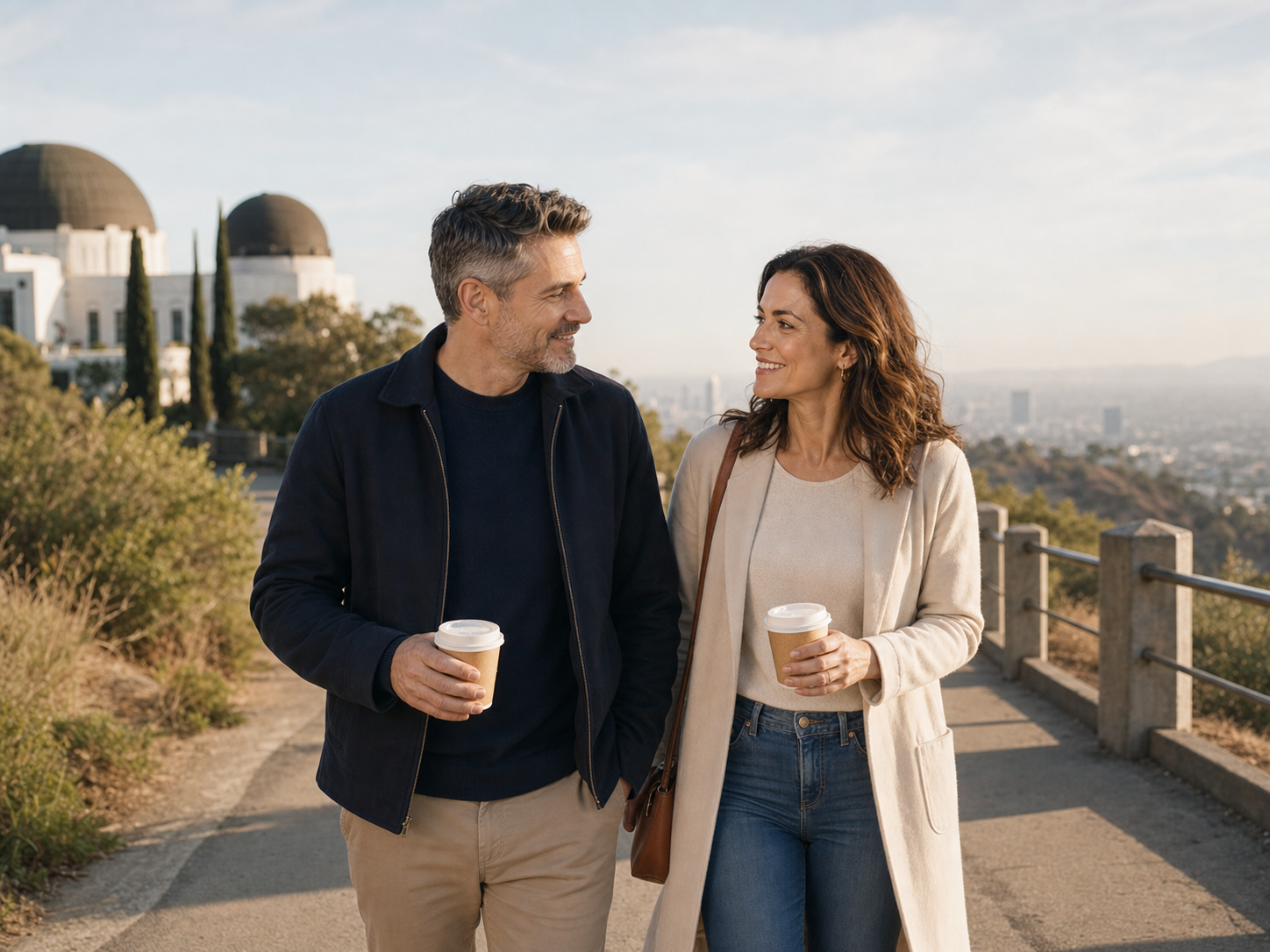 Two Los Angeles singles walking near a Griffith and Pasadena style hillside overlook